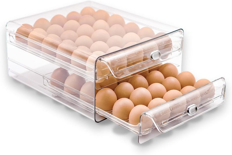 MFBJXC Egg Holder for Refrigerator,60 Eggs Clear Drawer Organizer,2 Layer Stackable Egg Holder Egg Trays,Egg Storage Container with Time Scale for Fridge Countertop Cabinet - Image 1